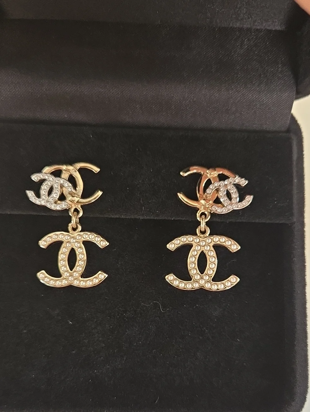 #148 - Chanel Triple CC Crystal/Pearl Earrings Light Gold/Silver 21B- AUTHENTIC